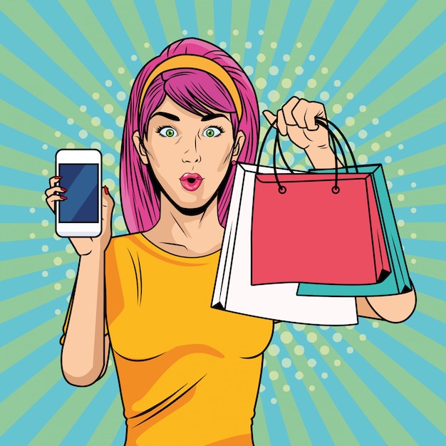 Chica joven con bolsas de compras y estilo pop art de teléfono inteligente