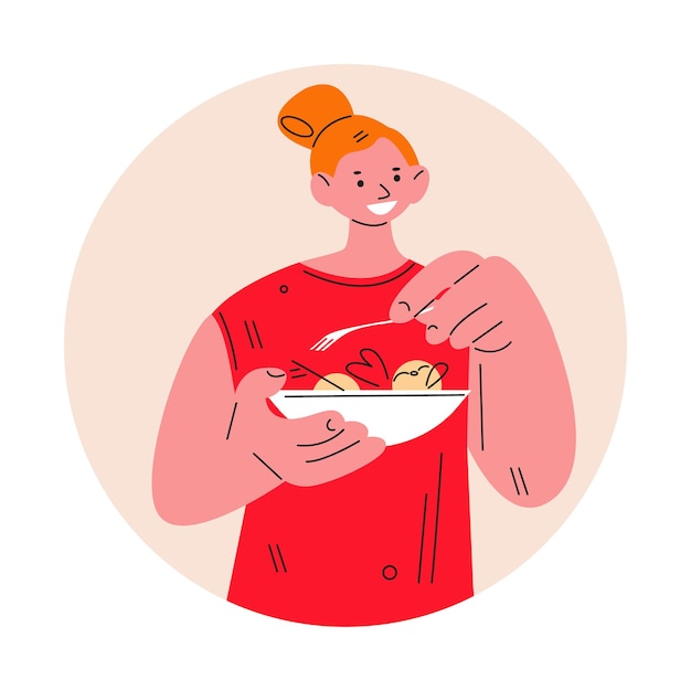 Chica joven comiendo ensalada. ilustración de vector de estilo plano.