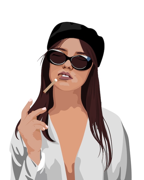 Vector chica joven elegante con sombrero de boina y gafas encendiendo un cigarrillo