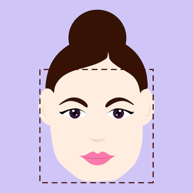 Vector chica joven con estilo de bollo de pelo inteligente con icono de cara de diamante contra fondo morado claro