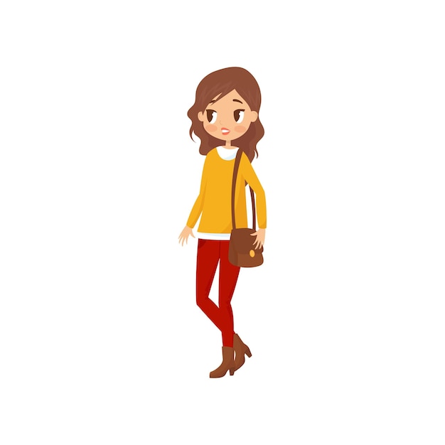 Chica joven estudiante en suéter pantalones botas de tacón alto y bolso en el hombro Diseño de vector plano