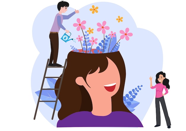Chica joven feliz tiene buena salud mental y emociones positivas hombre pequeño regando flores en mujer