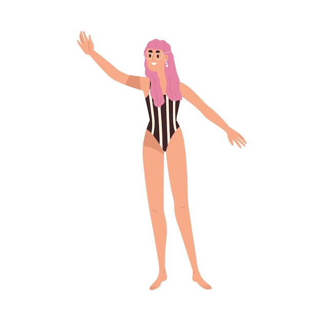 Chica joven feliz en traje de baño que gesticula hola. Mujer moderna en traje de baño de playa de verano saludando con la mano, saludando, dando la bienvenida a smb, saludando. Ilustración de vector gráfico plano aislado sobre fondo blanco