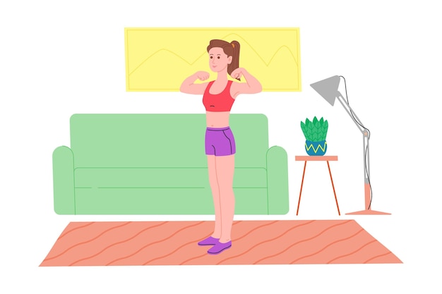 Chica joven haciendo ejercicios físicos deportivos, entrenamientos en casa y fitness en casa durante la cuarentena y llevar un estilo de vida saludable. Ilustración de vector plano. Personas, hombres y mujeres que utilizan la casa como gimnasio.