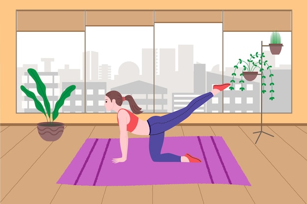 Vector chica joven haciendo ejercicios físicos deportivos, entrenamientos en casa y fitness en casa durante la cuarentena y llevar un estilo de vida saludable. ilustración de vector plano. personas, hombres y mujeres que utilizan la casa como gimnasio.