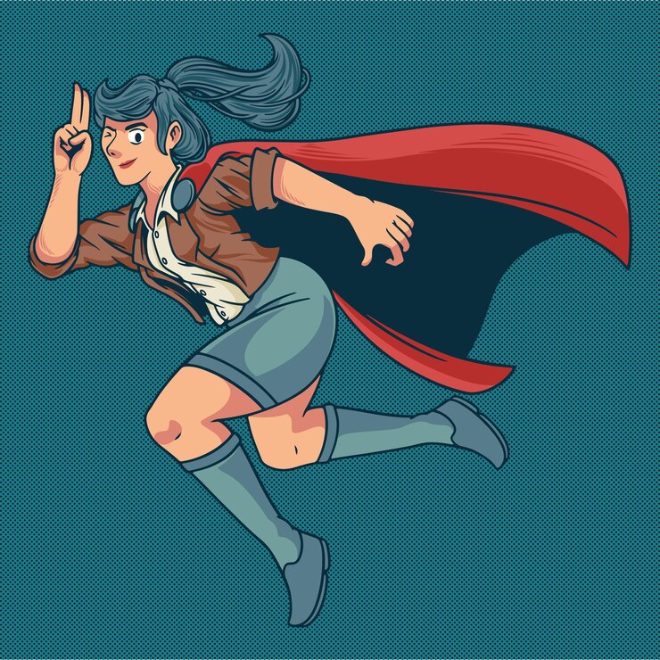 Vector chica joven hermosa y fuerte con estilo con traje escolar volando con pose divertida
