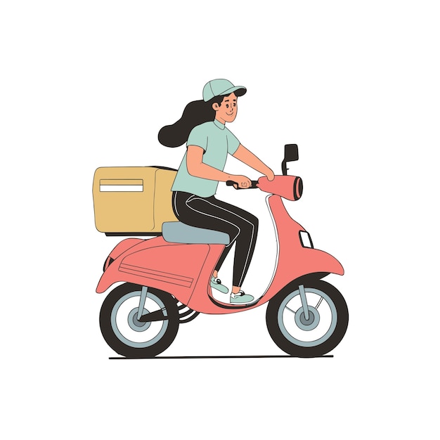 Una chica joven montando un scooter con una bolsa de dibujos animados Ilustración vectorial aislada en un fondo sólido