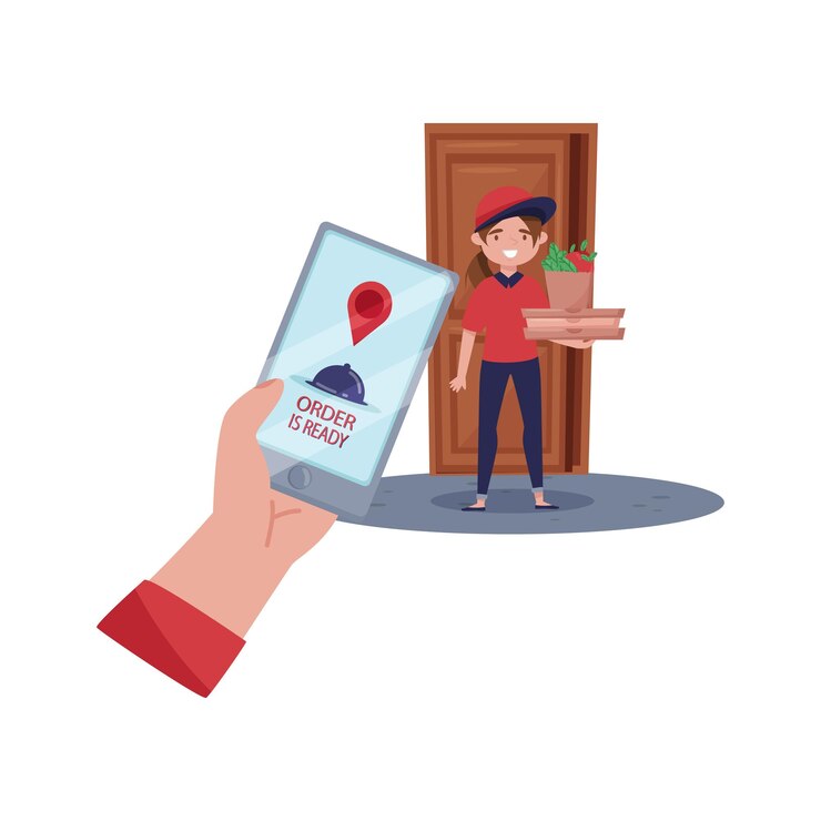 Vector chica joven parada cerca de la puerta sosteniendo una bolsa de papel llena de productos frescos y cajas de pizza mano del cliente sosteniendo el teléfono inteligente la entrega está lista servicio de comida vector plano aislado sobre fondo blanco
