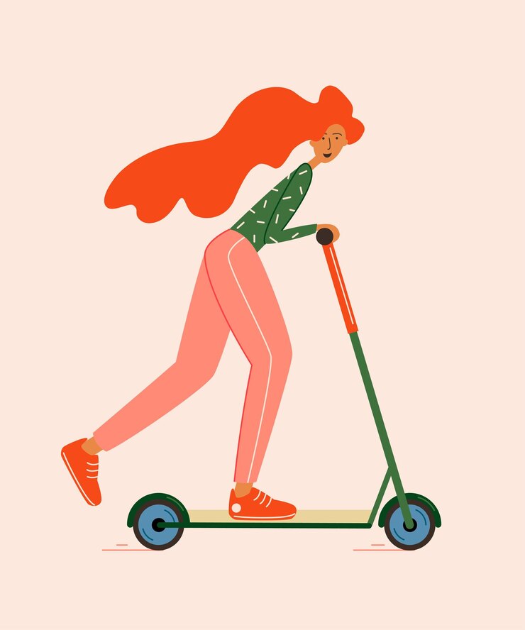 Chica joven pelirroja se apresura en un scooter