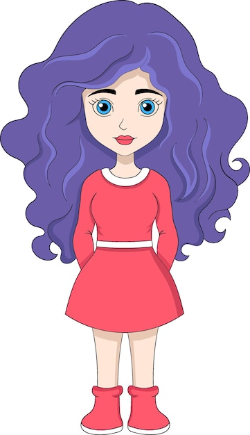 Vector chica joven con el pelo largo púrpura de pie con un traje temático de fiesta de navidad dibujo de ilustración creativa