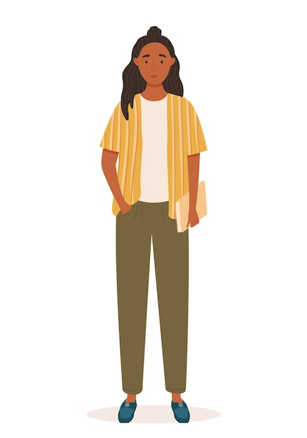 Chica joven de piel negra en ropa casual Personaje de concepto de estudiante Chica de secundaria elegante Ilustración vectorial