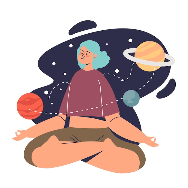 Vector chica joven practica meditación y atención plena zen. mujer tranquila sentada con las piernas cruzadas meditando sobre el espacio y el fondo de los planetas. concepto de bienestar y yoga. ilustración de vector plano de dibujos animados