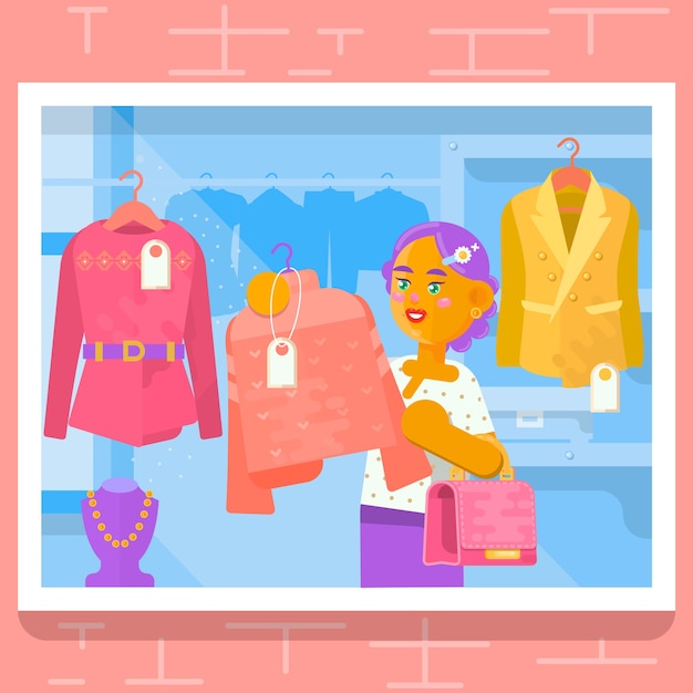 Vector chica joven que compra el vestido en la tienda. ilustración vectorial