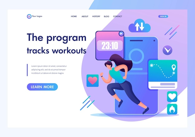 Chica joven que ejecuta el programa realiza un seguimiento de su entrenamiento a través de la aplicación en el teléfono inteligente Conceptos de página de aterrizaje de personajes 2D planos y diseño web
