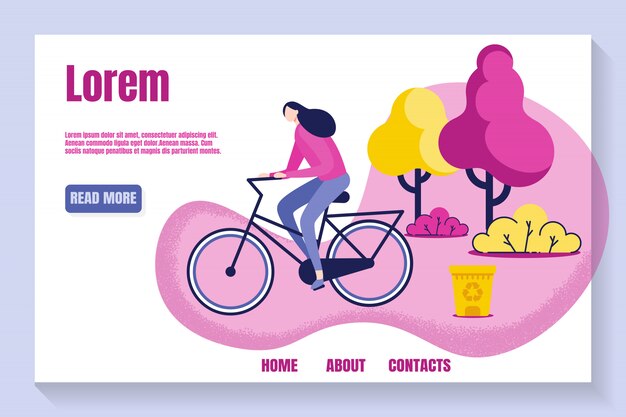 Chica joven que monta la bicicleta en el vector de la bandera del parque.