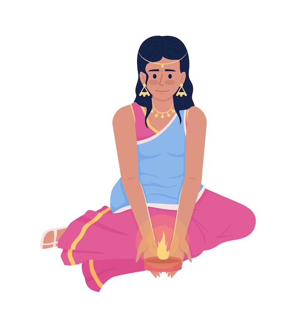 Chica joven que sostiene el carácter vectorial de color semiplano de la vela de diwali