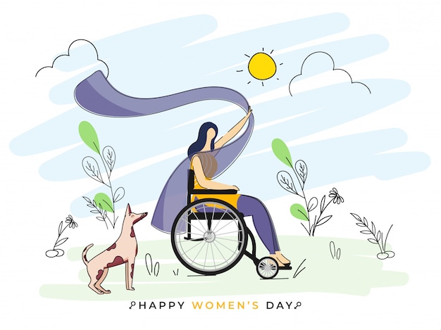 Chica joven sin rostro que se sienta en silla de ruedas con el perro en doodle sun nature view background para el concepto feliz del día de las mujeres.