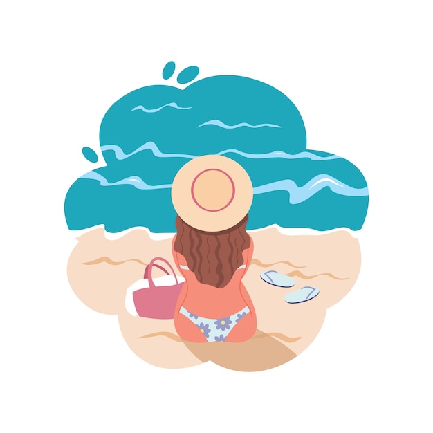 Chica joven en un sombrero está descansando en la playa Personaje femenino de dibujos animados en el fondo del paisaje del mar Vista posterior Ilustración de vector plano de verano caliente Todos los elementos están aislados