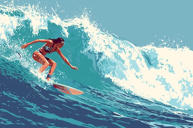 Chica joven en traje de baño surfeando en una gran ola en el mar o el océano Vector de surfista feliz