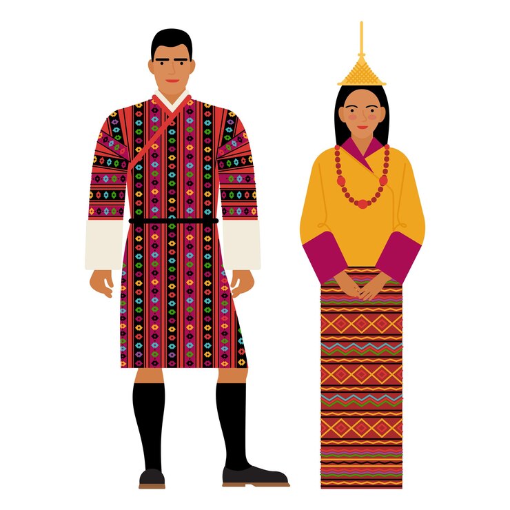 Vector chica y joven en traje popular butanés