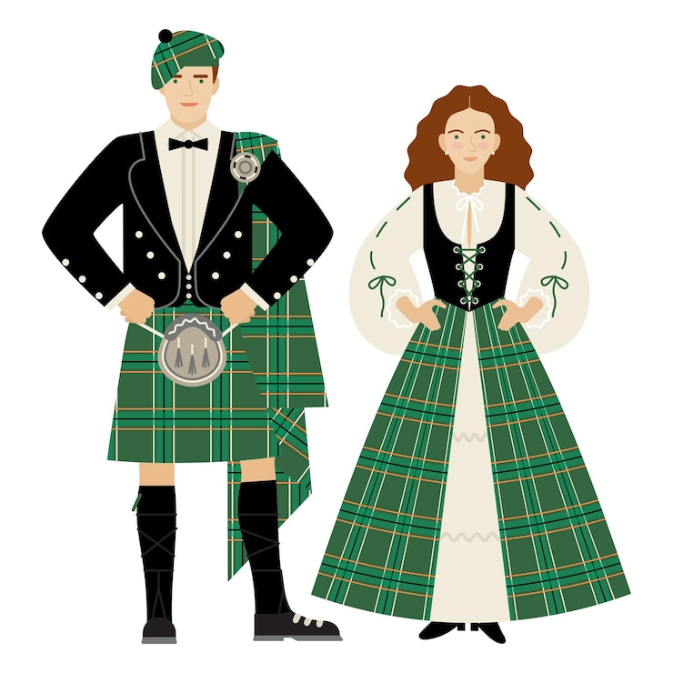 Vector una chica y un joven con trajes populares irlandeses.