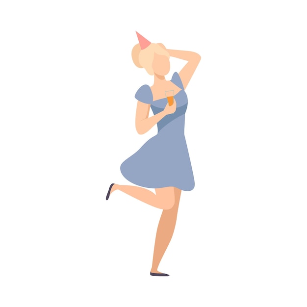 Chica joven con vestido azul y sombrero de fiesta bailando en una discoteca Ilustración vectorial aislada en blanco