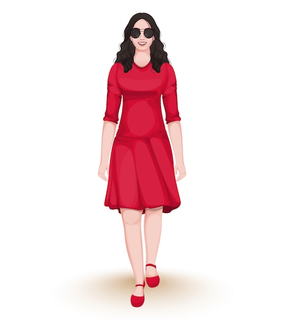 Vector chica joven con vestido rojo moderno en pose de caminar.