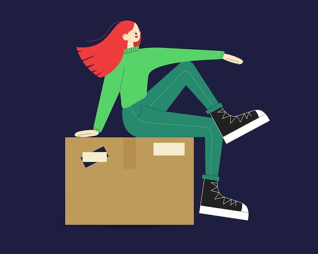 Chica joven en zapatillas de deporte con el pelo rojo y sentada en una caja de paquetes Ilustración de stock vectorial en estilo plano sobre fondo azul