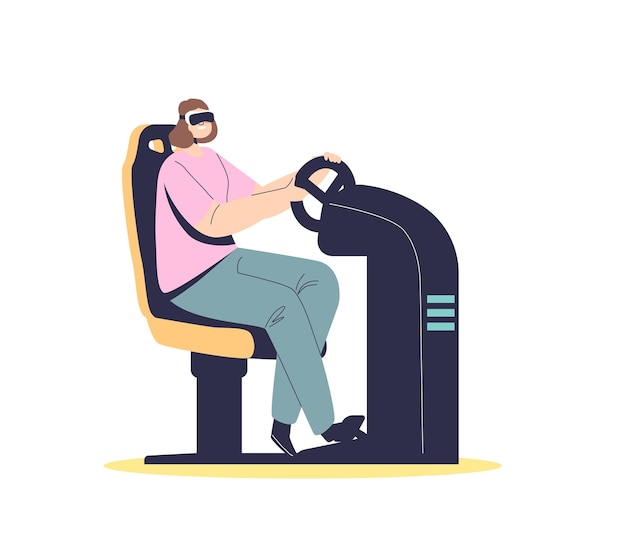 Chica en juegos de gafas vr usando la almohadilla del joystick del volante Mujer disfruta de la tecnología de realidad virtual