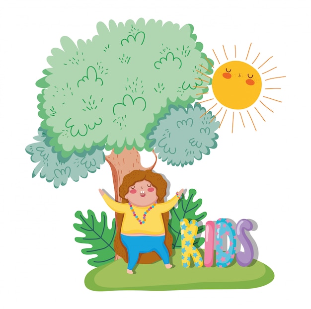 Chica jugando con arbol y plantas con sol