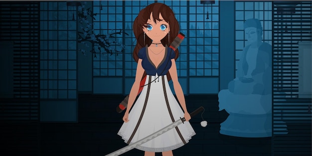 Una chica con una katana con un vestido azul y blanco pasa la noche en una habitación japonesa anime mujer samurai ilustración de vector de estilo de dibujos animados