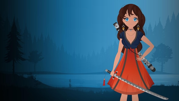 Chica con una katana en un vestido azul y rojo Anime mujer samurai en un fondo de noche de verano Estilo de dibujos animados