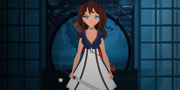 Una chica con una katana con un vestido blanco en una casa japonesa viranda Noche en Japón Anime mujer samurai Ilustración de vector de estilo de dibujos animados