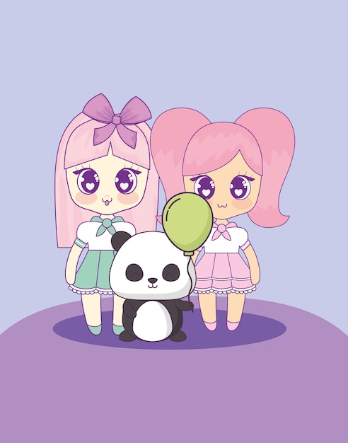 Vector chica kawaii con lindo animal