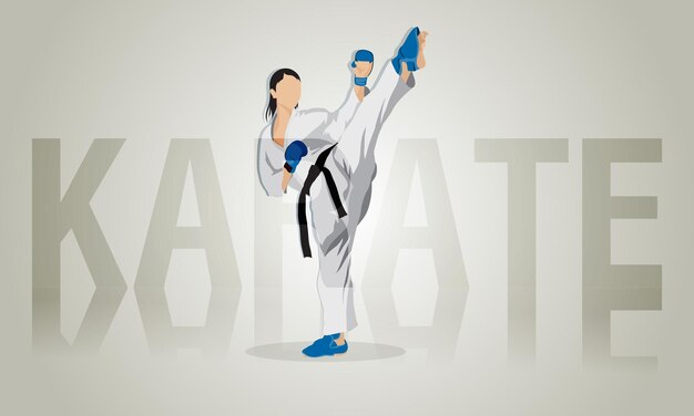 Vector una chica con un kimono blanco y un cinturón negro entrena karate de estilo oriental.