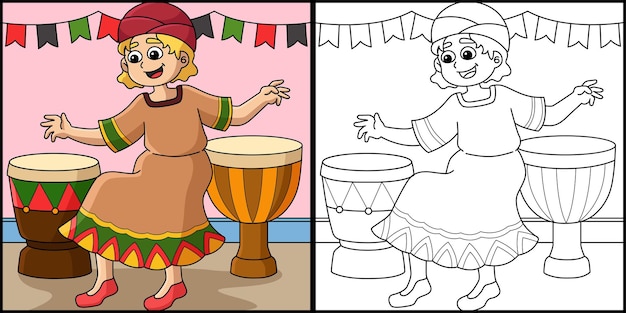 Chica Kwanzaa Tocando Djembe Para Colorear Ilustración