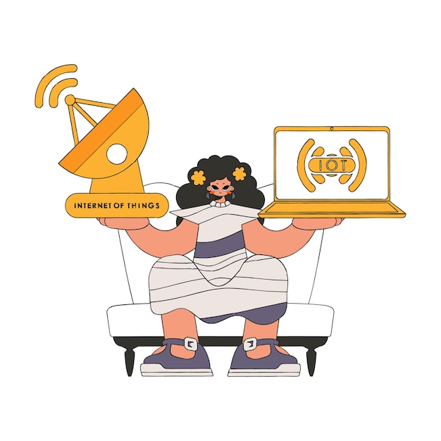 Chica con laptop y antena parabólica para Internet de las cosas