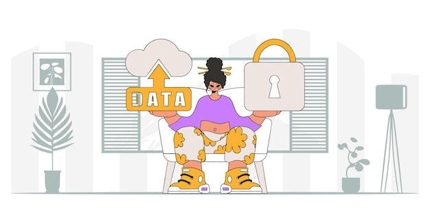 Chica con laptop, candado de seguridad digital, estilo moderno de carácter vectorial.