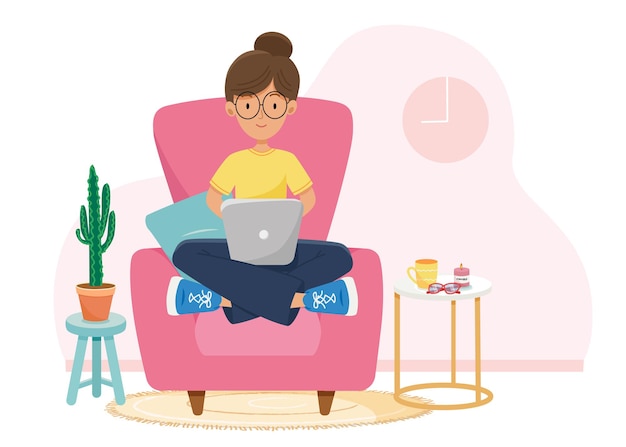 Chica con laptop sentada en la silla. Freelance o concepto de estudio. Linda ilustración de estilo plano.