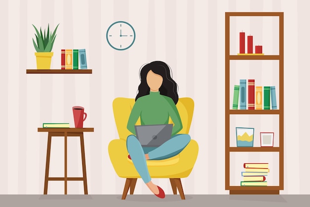 Chica con laptop sentada en la silla. Freelance o concepto de estudio. Linda ilustración de estilo plano.