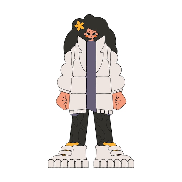 Una chica con una larga camiseta gris y una chaqueta beige