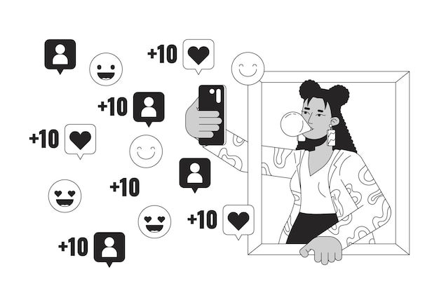 Chica latina tomando selfies para las redes sociales personaje de dibujos animados en 2D en blanco y negro