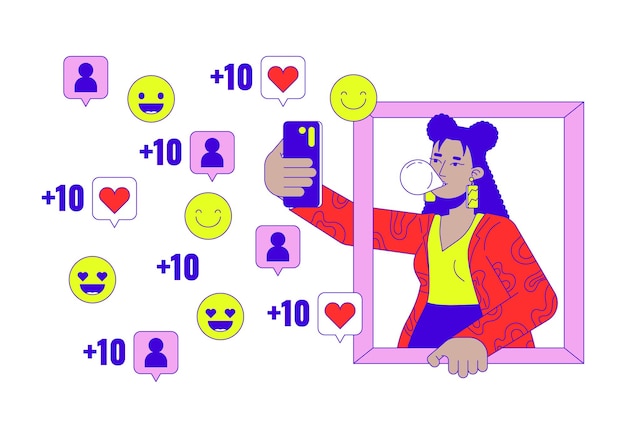 Chica latina tomando selfies para las redes sociales personaje de dibujos animados lineal en 2D
