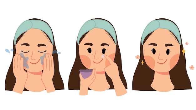 Chica lavándose la cara y usando crema como ilustración de rutina de cuidado de la piel