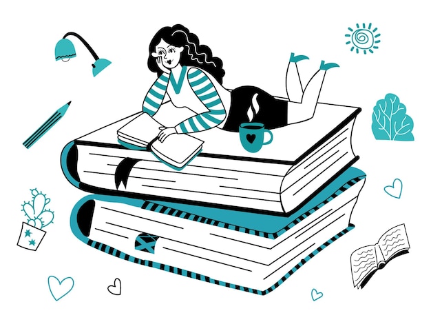 Chica lectora Mujer joven leer contorno personaje sosteniendo libro Estudiante aprendiendo garabato relajarse o nuevo conocimiento concepto de vector decente Mujer niña leer libro estudio ilustración