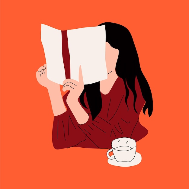 Chica lee un libro en un café. leer más concepto de libros. ilustración de moda vectorial dibujada a mano.