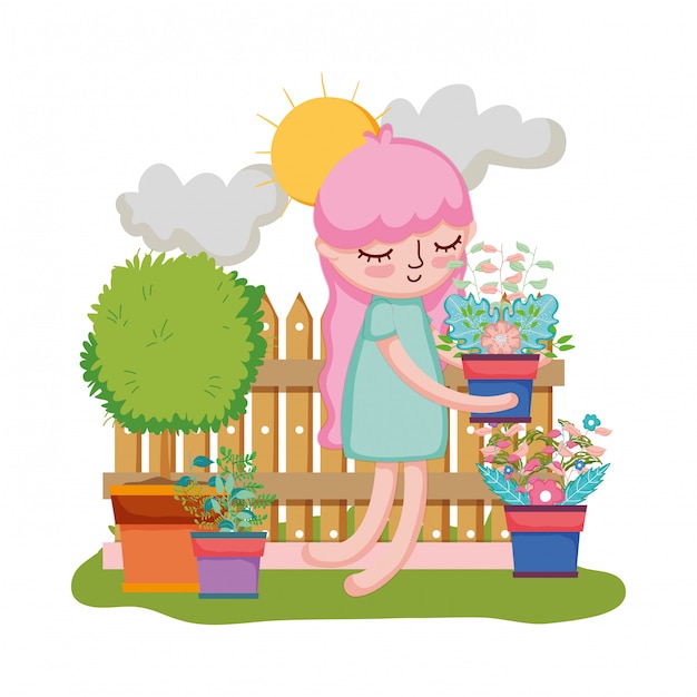 Vector chica levantando planta de interior con valla en el jardín