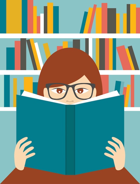 Chica leyendo un libro en una biblioteca. vector plano.
