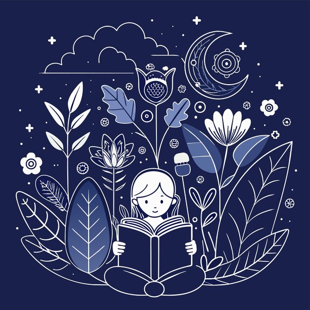 Vector una chica leyendo un libro en el cielo con flores y las palabras la luna