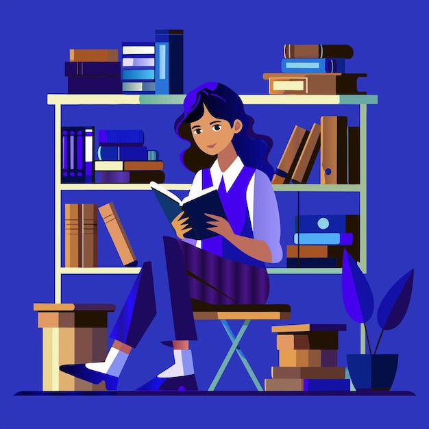 Vector una chica leyendo un libro en una habitación con un fondo azul